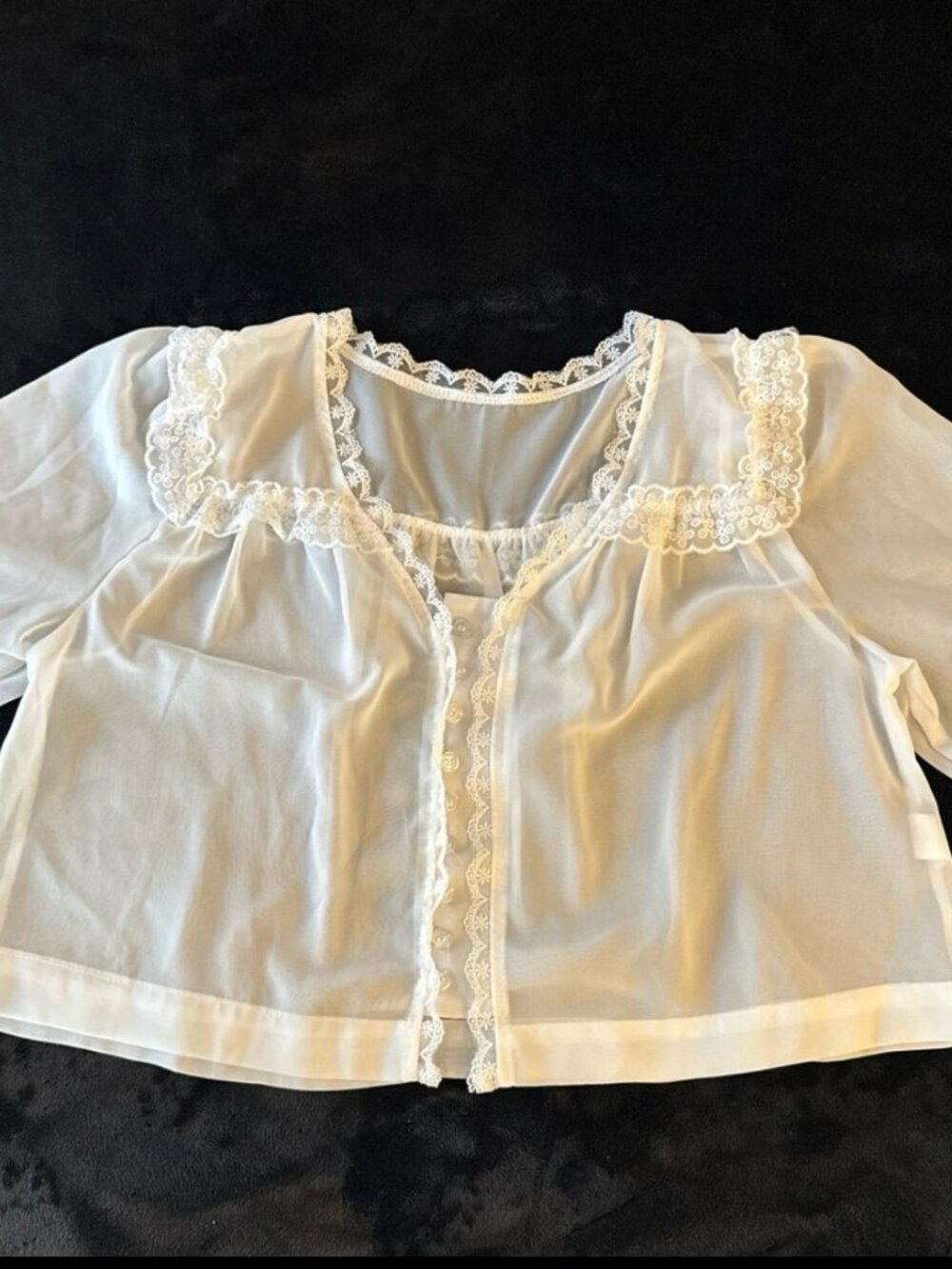 Vintage Style Sheer White Lace Trim Button Down Crop Blouse Small - Picture 4 of 7